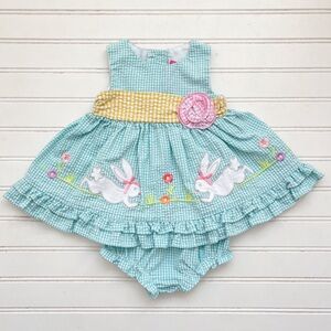 Y2K EUC Adorable Gingham Seersucker Appliqué Bunny Easter Bloomer Set